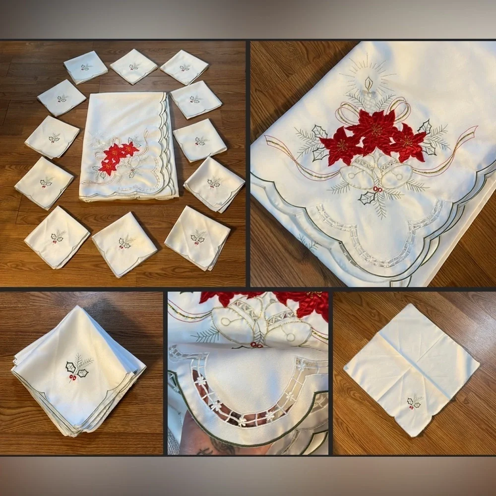 Vintage Poinsettia Dining Tablecloth & Napkin Set Christmas 12 Person Table